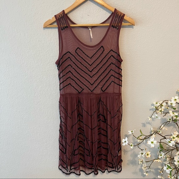 Free People Maroon Beaded Sheer Tunic XS - Picture 4 of 8
